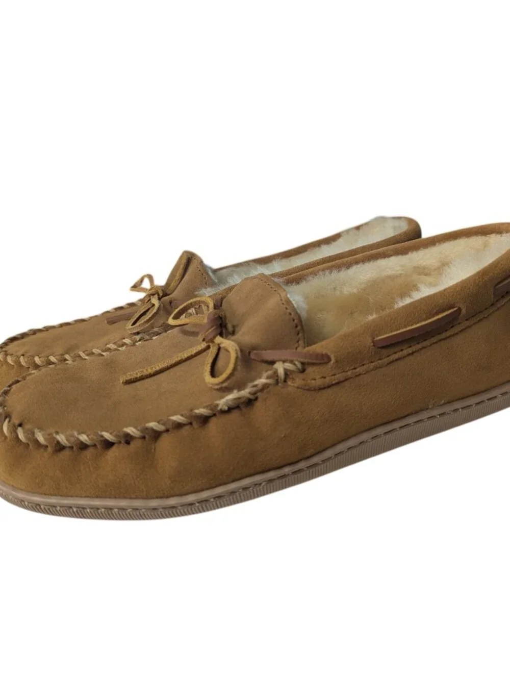 Minnetonka 3741W Moccasin Sheepskin Hardsole Mocs for Men Golden Tan Size 12